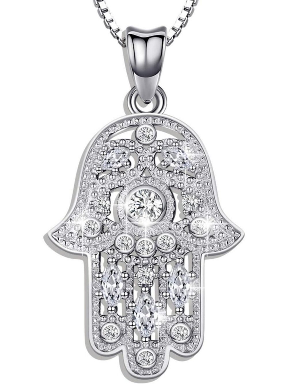925 Sterling Silver Hamsa Necklace with Evil Eye Pendant & Zirconia Charm